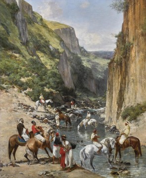 CAVALIERS dans un ravin Victor Huguet Araber Peinture à l'huile